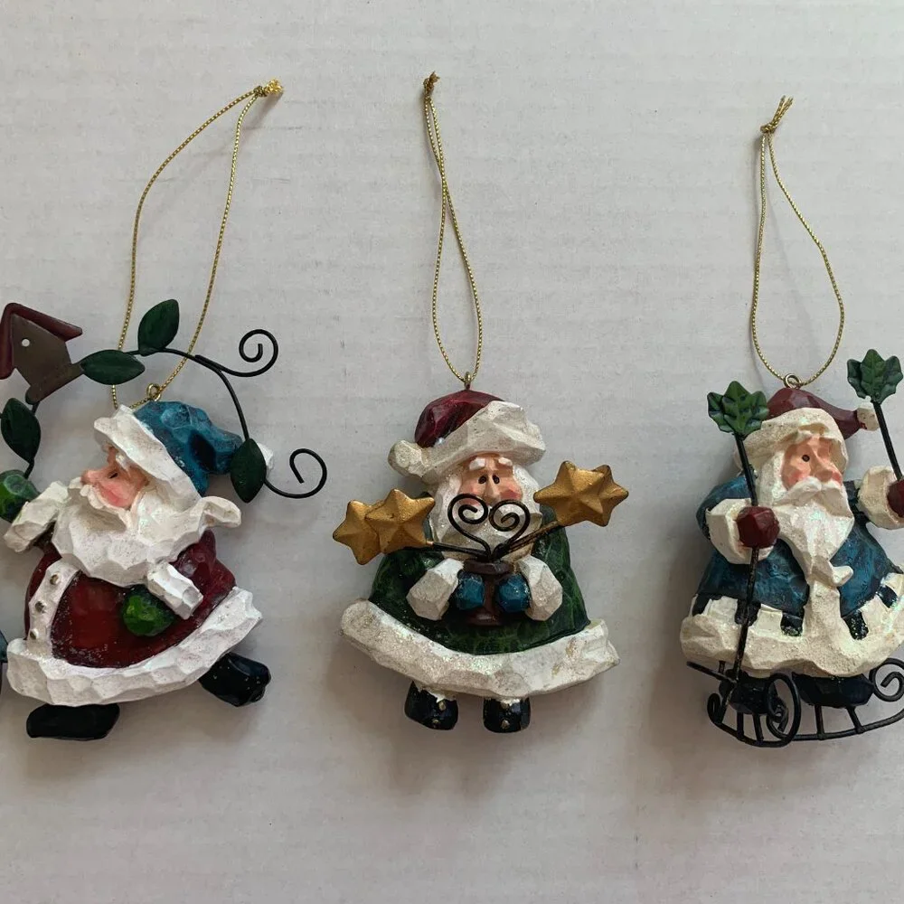 Share Costco Whimsical Santa Claus Christmas Ornaments Lot Of 3 Resin Wire Stars